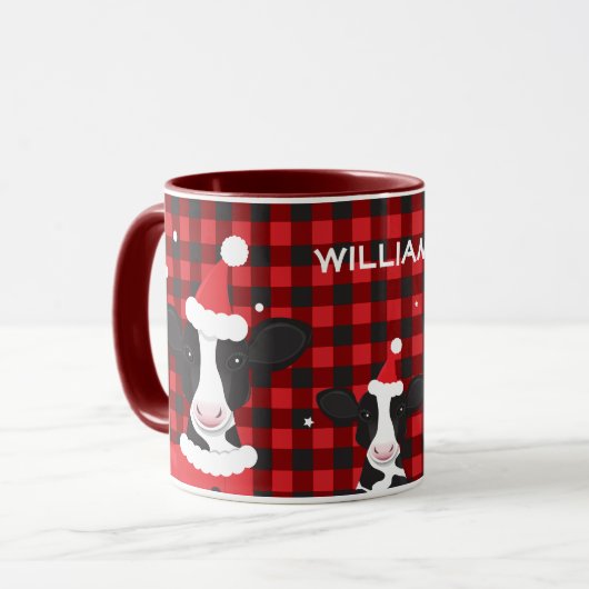 Koe Santa Red Plaid Naam Boerderij Dierenkerst Mok (Voorkant links)