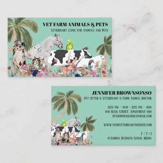 Koe Schaap Hond Kat Vogel Konijn Eend Groene Palm Visitekaartje (Voorkant / Achterkant)