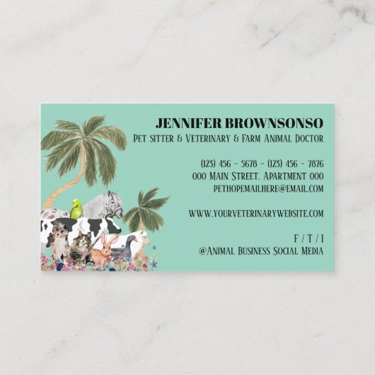 Koe Schaap Hond Kat Vogel Konijn Eend Groene Palm Visitekaartje (Achterkant)