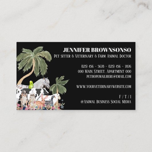 Koe Schaap Hond Kat Vogel Konijn Eend Palm Zwart Visitekaartje (Achterkant)