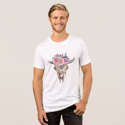 Koe schedel en bloemen Waterverven Tri-Blend Shirt (Voorkant volledig)