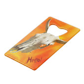 Koe schedel en vuur creditkaart flessenopener (Voorkant Gekanteld)