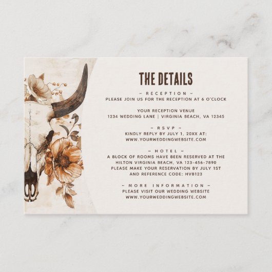 Koe schedel Floral Boho Westerne bruiloft Details Informatiekaartje (Voorkant)
