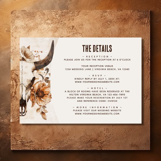 Koe schedel Floral Boho Westerne bruiloft Details Informatiekaartje