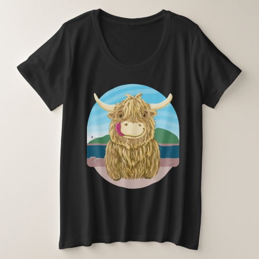 Koe Schotse hoogland over het strand Grote Maat T-shirt (Design voorkant)