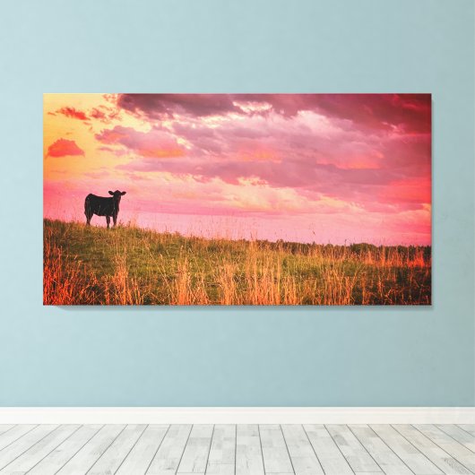 Koe Silhouet bij zonsondergang Canvas Afdruk (Insitu (Houten vloer))