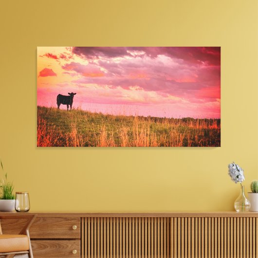 Koe Silhouet bij zonsondergang Canvas Afdruk (Insitu (Woonkamer))