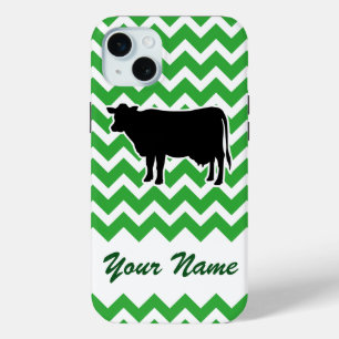 Koe Silhouette met Green Chevron Pattern iPhone 15 Mini Hoesje