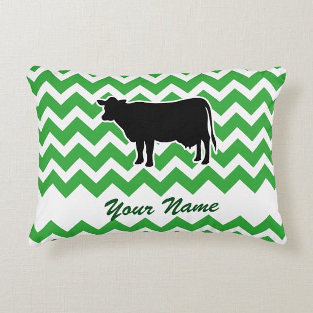 Koe Silhouette met Green Chevron Pattern Decoratief Kussen (Voorkant)