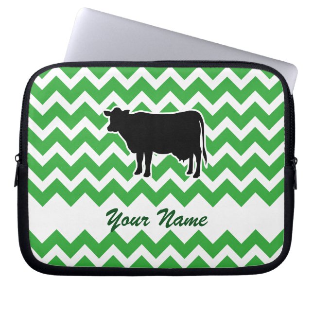 Koe Silhouette met Green Chevron Pattern Laptop Sleeve (Voorkant)