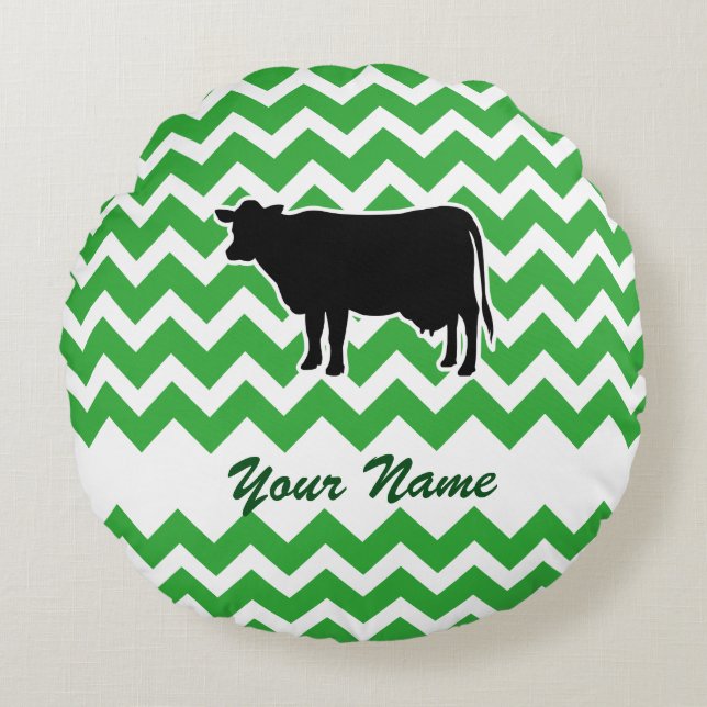 Koe Silhouette met Green Chevron Pattern Rond Kussen (Voorkant)