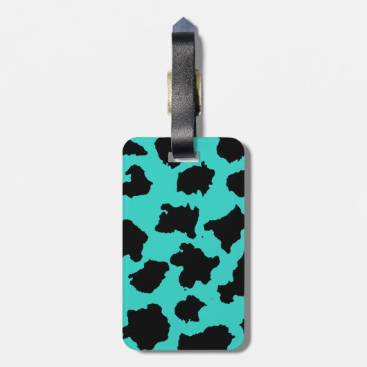 Koe skin zwart wit en turquoise patroon bagagelabel (Achterkant verticaal)