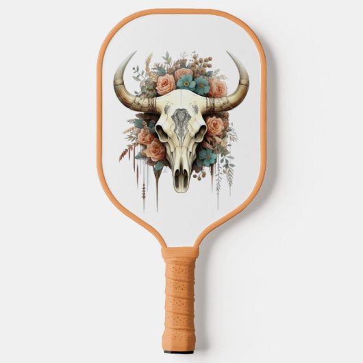 Koe Skull Peach & Soft Blue Flowers Mooi Pickleball Paddle (Achterkant)
