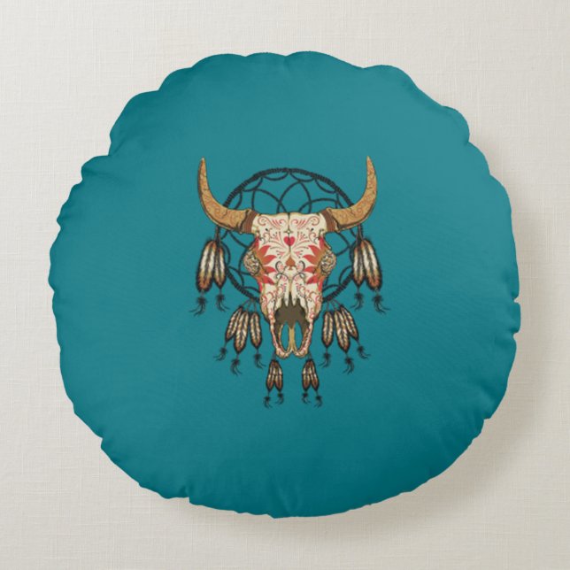 Koe Skull Southwestern Dream Catcher Rond Kussen (Voorkant)