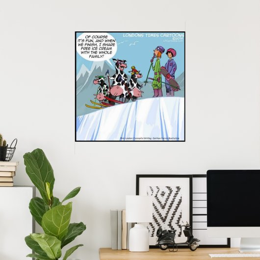Koe Snow-Skiing Family Funny Poster (Thuiskantoor)