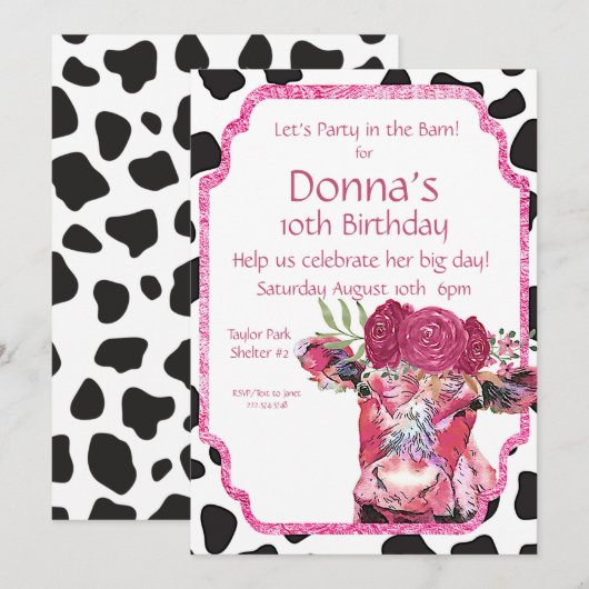 Koe Uitnodiging, Koe Birthday Party Kaart (Voorkant / Achterkant)