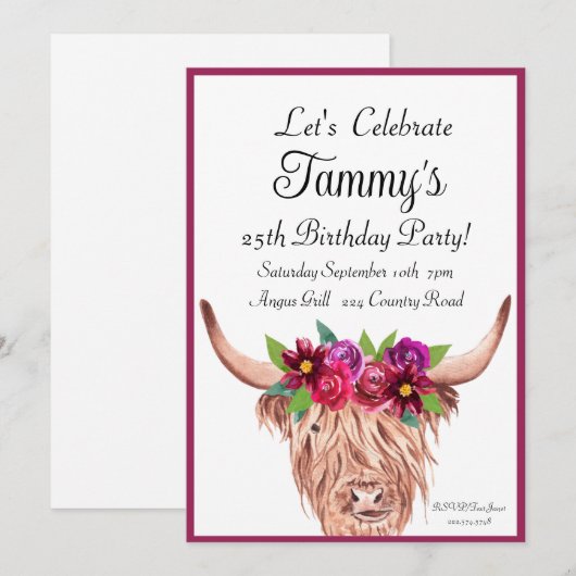 Koe Uitnodiging, Longhorn Koe Bloemen Verjaardag Kaart (Voorkant / Achterkant)