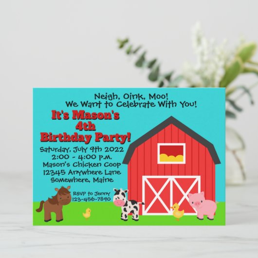Koe van het Barn-Boerderij Pig. Birthday Party Kaart (Staand voorkant)