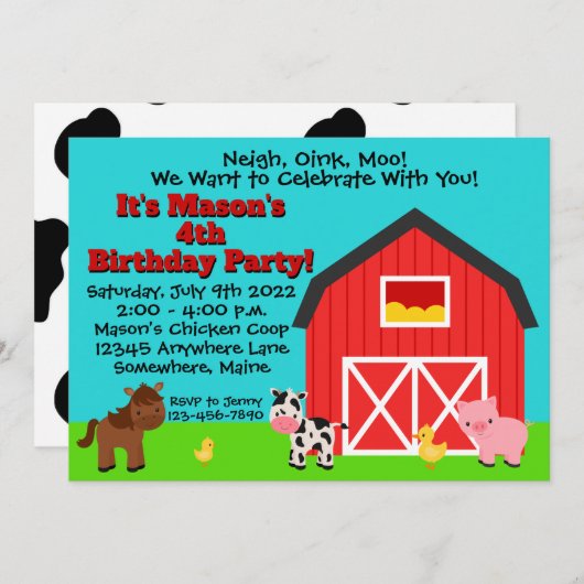 Koe van het Barn-Boerderij Pig. Birthday Party Kaart (Voorkant / Achterkant)