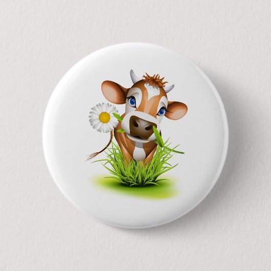 Koe van Jersey in gras Ronde Button 5,7 Cm (Voorkant)