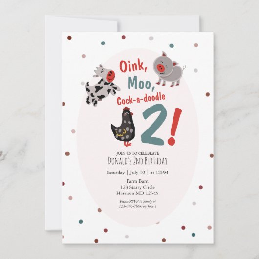 Koe Varken Boerderij Tweede Verjaardag Uitnodiging (Voorkant)