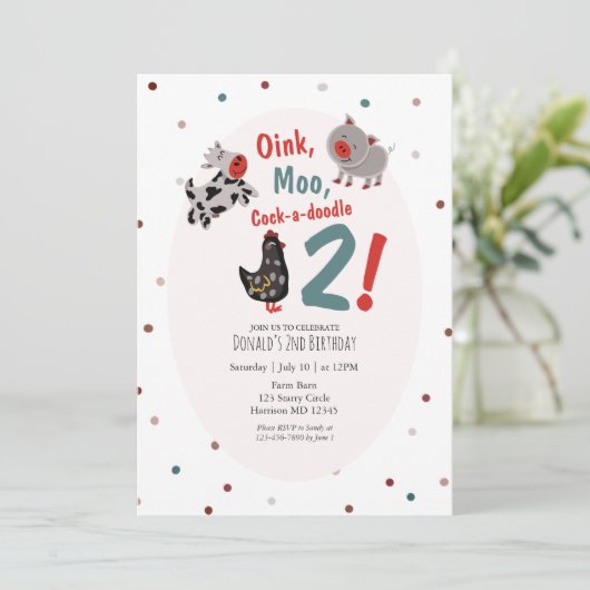 Koe Varken Boerderij Tweede Verjaardag Uitnodiging (Staand voorkant)