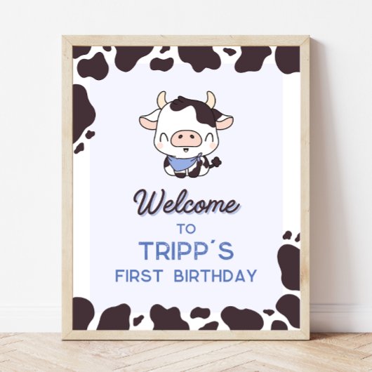 Koe verjaardag blauwe feestelijke welkomstbord poster