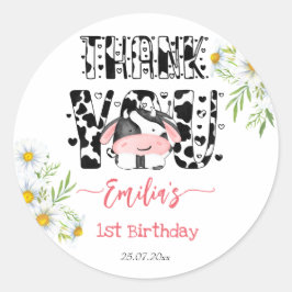 Koe verjaardagsfeestje koe daisy dank u ronde sticker