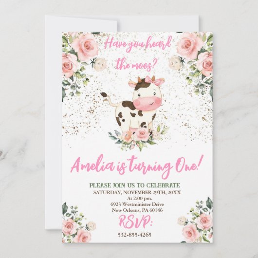 Koe Verjaardagsfeestje, Roze & Goud Meisje Verjaar Kaart (Voorkant)