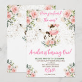 Koe Verjaardagsfeestje, Roze & Goud Meisje Verjaar Kaart (Voorkant / Achterkant)