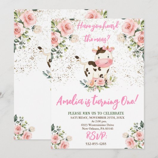 Koe Verjaardagsfeestje, Roze & Goud Meisje Verjaar Kaart (Voorkant / Achterkant)