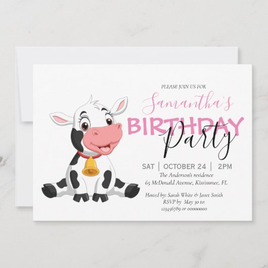 koe verjaardagsfeestje voor meisjes aankondiging (Voorkant)