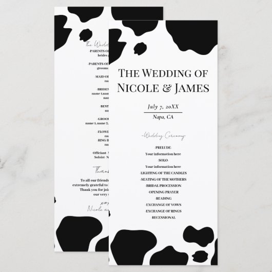 Koe Vlekken Print Zwart Wit Huwelijksprogramma Menu (Voorkant / Achterkant)