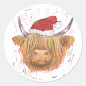 koe voor kerst - hoogland met rode santa hat ronde sticker (Voorkant)