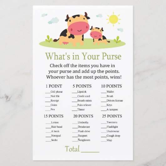 Koe Wat zit er in je handtas baby shower (Voorkant)