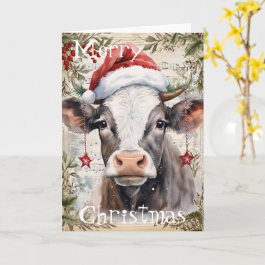 Koe WinterkerstWaterverf Kaart (Gele Bloem)