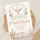 Koe Woestijn Eerste Rodeo 1e Verjaardag Kaart<br><div class="desc">Koe Desert First Rodeo 1st Birthday Invitation Line getekende rodeo eerste verjaardagsuitnodiging voor jongen met een langhoorn koe,  cactus en westerne woestijn met een bleek mintkleurige hoogtepunt. Deze 1e rodeo eerste verjaardagsuitnodiging heeft ook een touw als kop.</div>