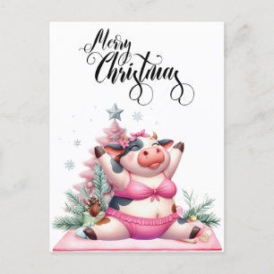 Koe yoga met kerstversiering feestdagenkaart