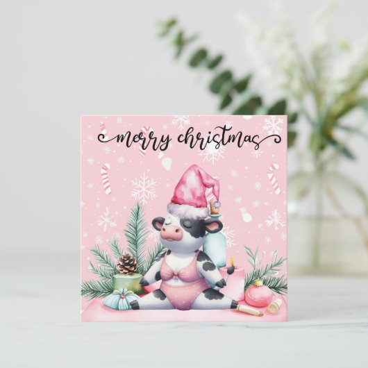 Koe Yoga Roze Kerstdecoratie Feestdagenkaart (Staand voorkant)