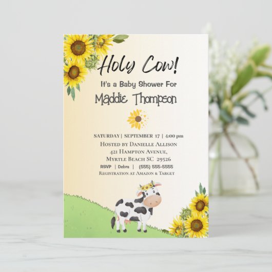 Koe Zonnebloemen Boerderij Baby shower Kaart (Staand voorkant)