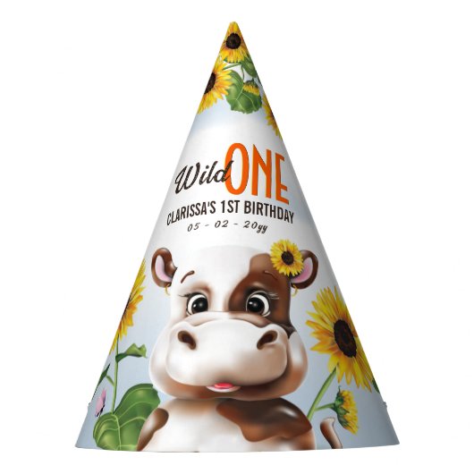 Koe Zonnebloemmeisje Eerste verjaardag Feesthoedjes (Voorkant)