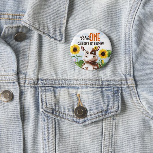 Koe Zonnebloemmeisje Eerste verjaardag Ronde Button 5,7 Cm (In situ)