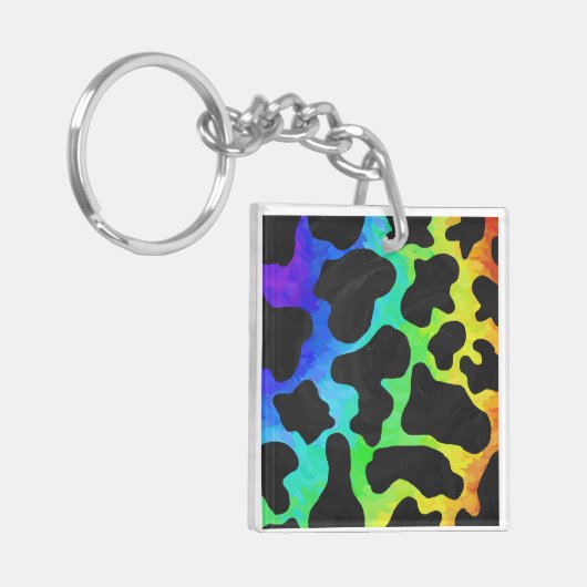 Koe zwart en regenboogschenken sleutelhanger (Voorkant Links)