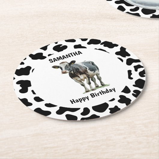 Koe Zwart-wit Ronde Kartonnen Onderzetter (Gebogen)