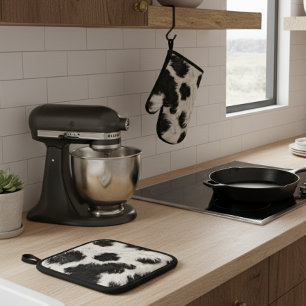 Koe Zwart Wit Vlekken Bont Ovenwant & Pannenlap Set