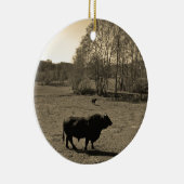 Koe, zwarte stier. Sepia Tone Foto Keramisch Ornament (Rechts)