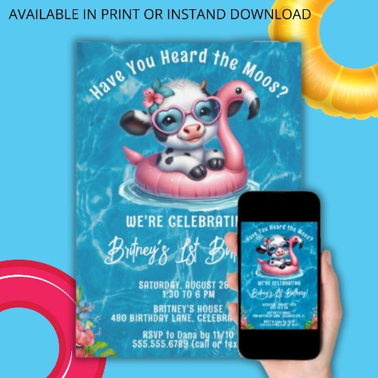 Koe Zwembad Verjaardagsfeestuitnodiging Kaart
