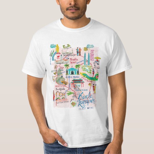 Koeala Lumpur roze illustratieve reiskaart T-shirt (Voorkant)