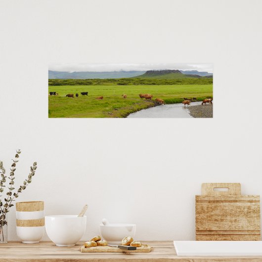 Koeien en Eldborg Crater IJsland Poster (Keuken)