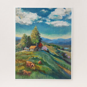 Koeien grazen, verre heuvels legpuzzel